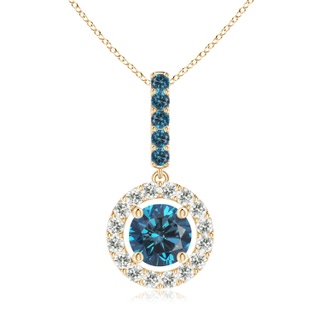 5.4mm AAA Round Blue Diamond Floating Halo Pendant in Yellow Gold