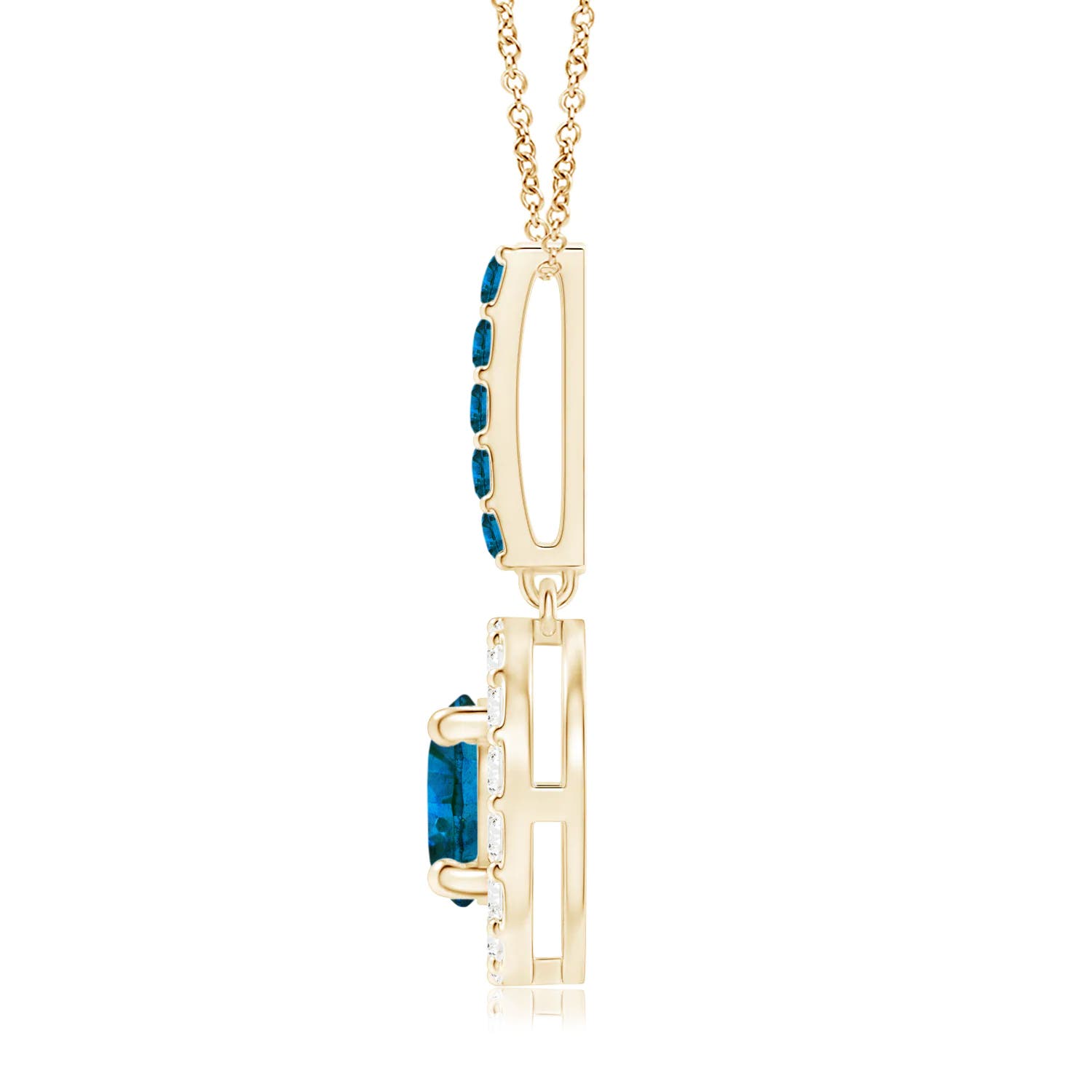 5.4mm AAA Round Blue Diamond Floating Halo Pendant in Yellow Gold