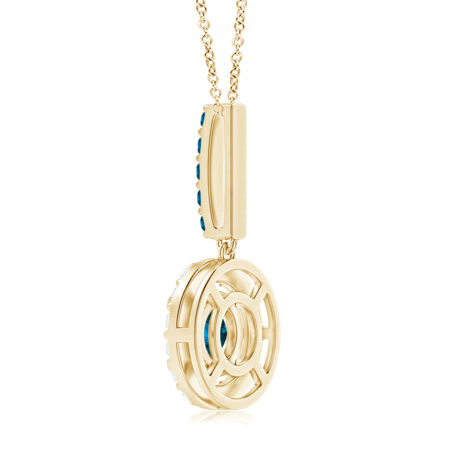 5.4mm AAA Round Blue Diamond Floating Halo Pendant in Yellow Gold