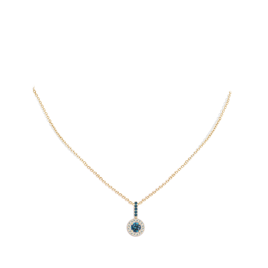 5.4mm AAA Round Blue Diamond Floating Halo Pendant in Yellow Gold body-neck