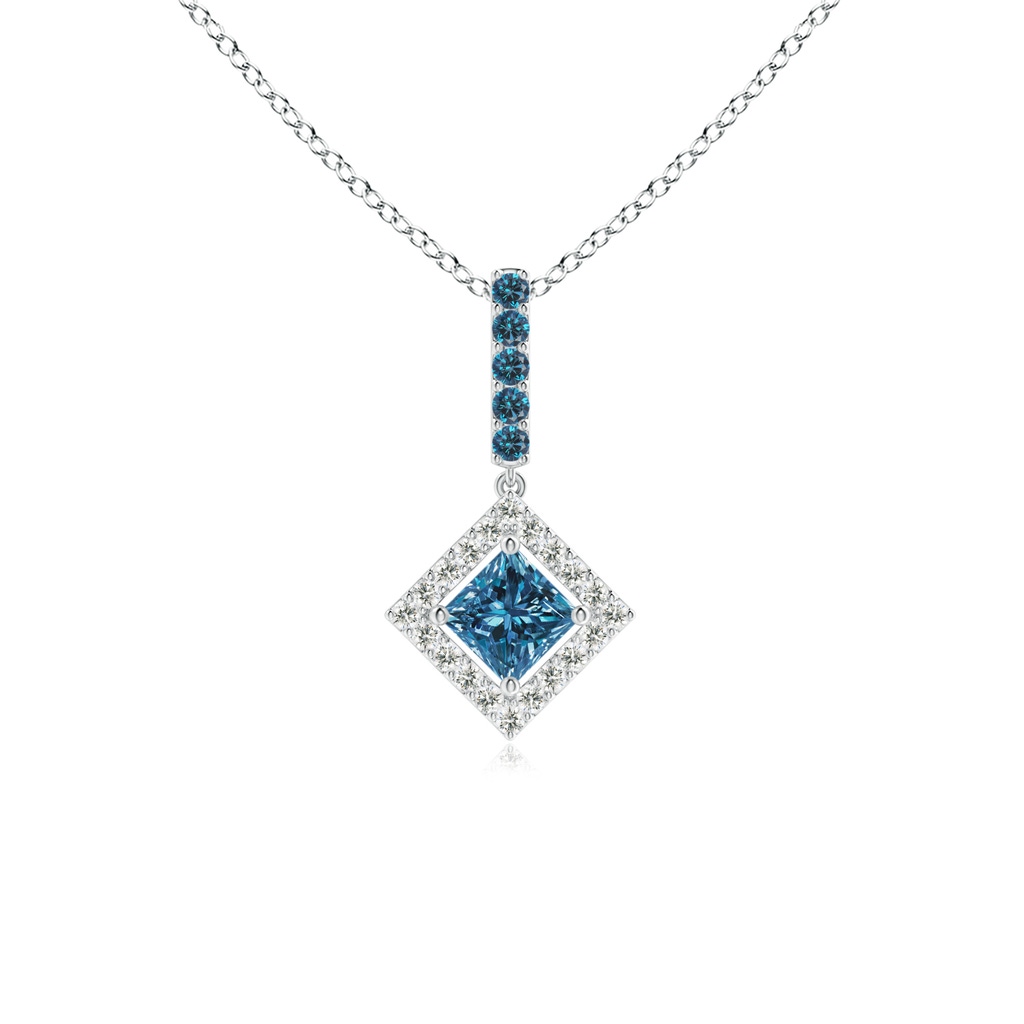 3.6mm AAA Floating Halo Princess-Cut Blue Diamond Pendant in White Gold