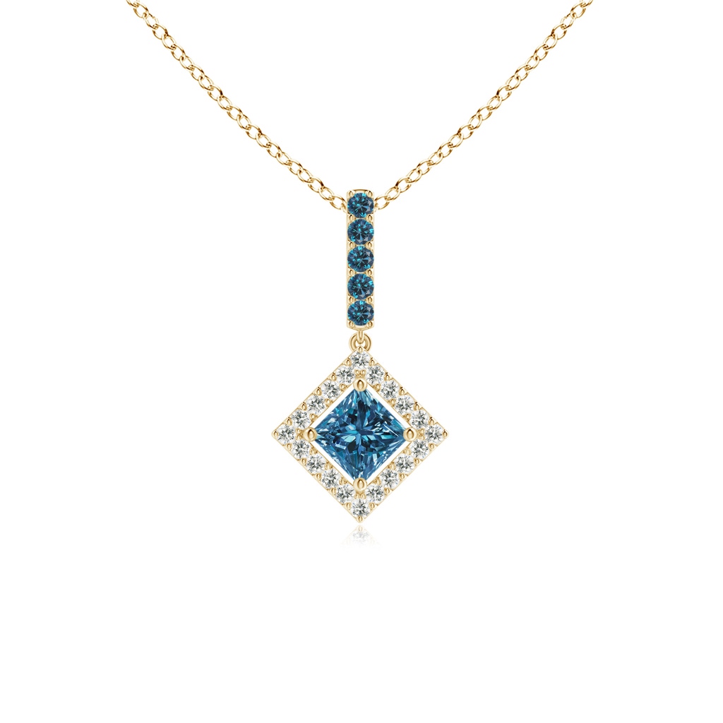 3.6mm AAA Floating Halo Princess-Cut Blue Diamond Pendant in Yellow Gold