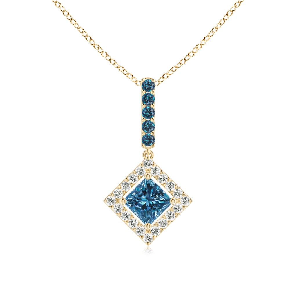 4.4mm AAA Floating Halo Princess-Cut Blue Diamond Pendant in Yellow Gold