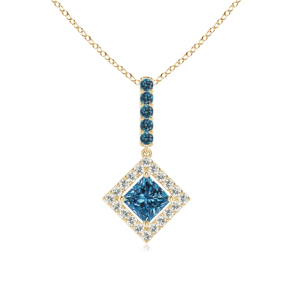 4.4mm AAA Floating Halo Princess-Cut Blue Diamond Pendant in Yellow Gold 