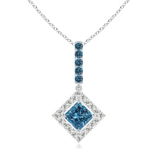 5mm AAA Floating Halo Princess-Cut Blue Diamond Pendant in White Gold