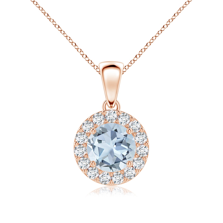 6mm A Round Aquamarine and Diamond Halo Pendant in Rose Gold 
