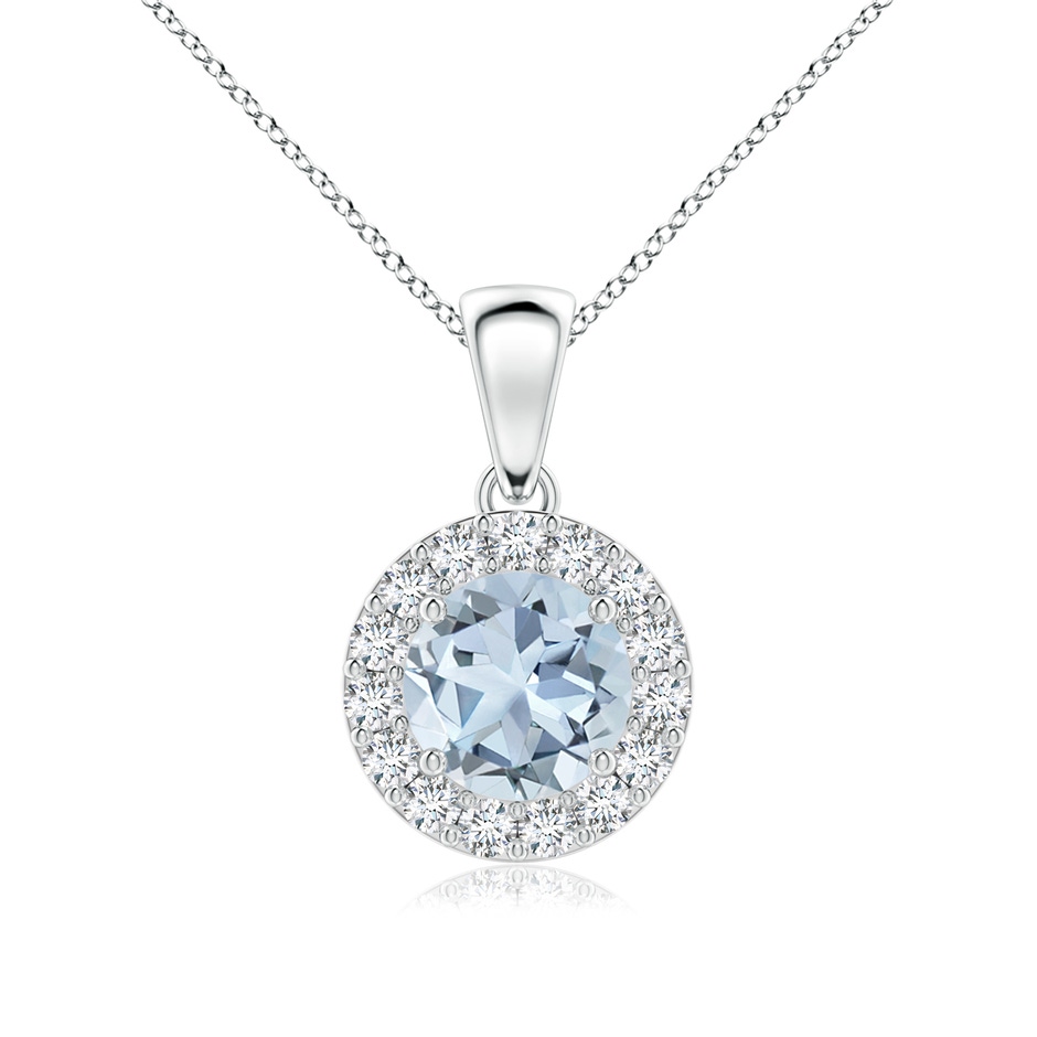6mm A Round Aquamarine and Diamond Halo Pendant in White Gold 