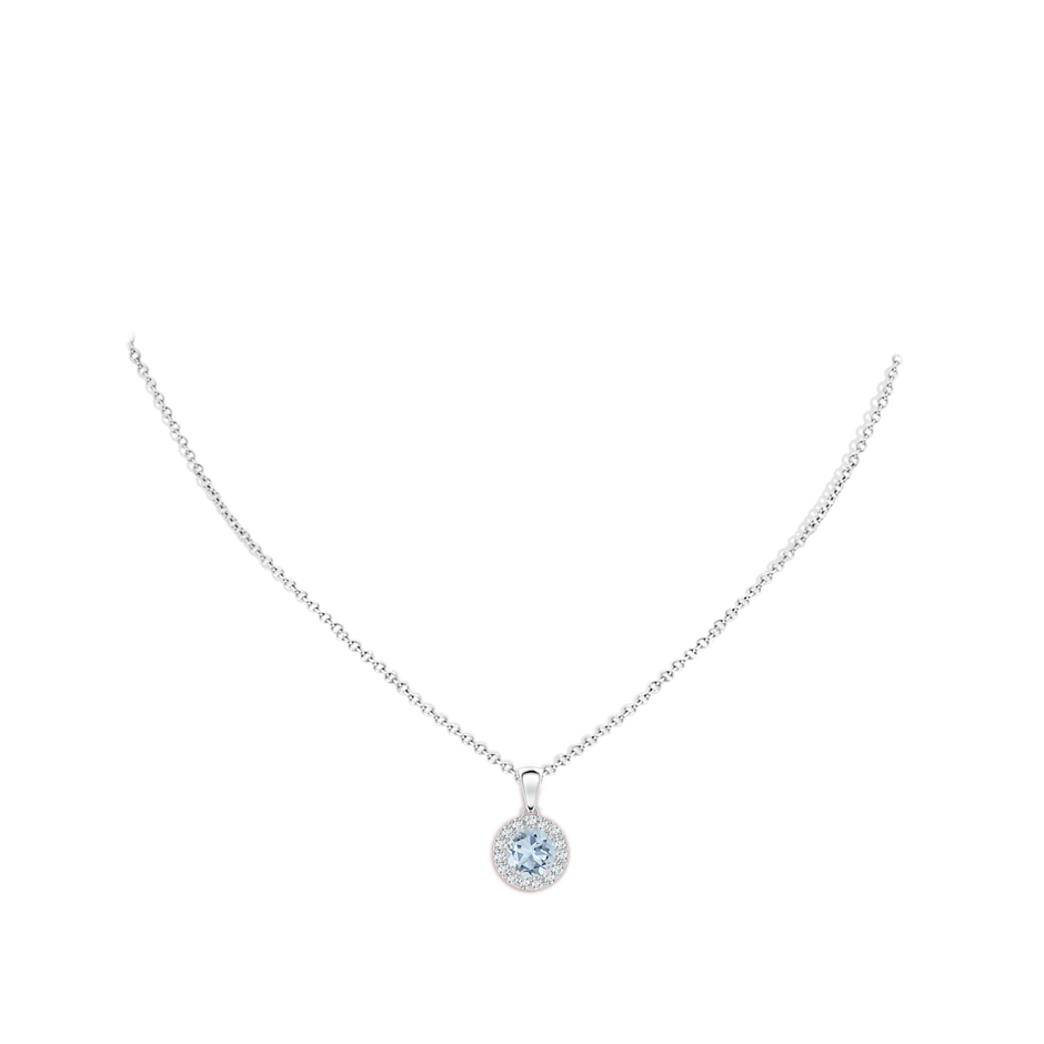 6mm A Round Aquamarine and Diamond Halo Pendant in White Gold body-neck