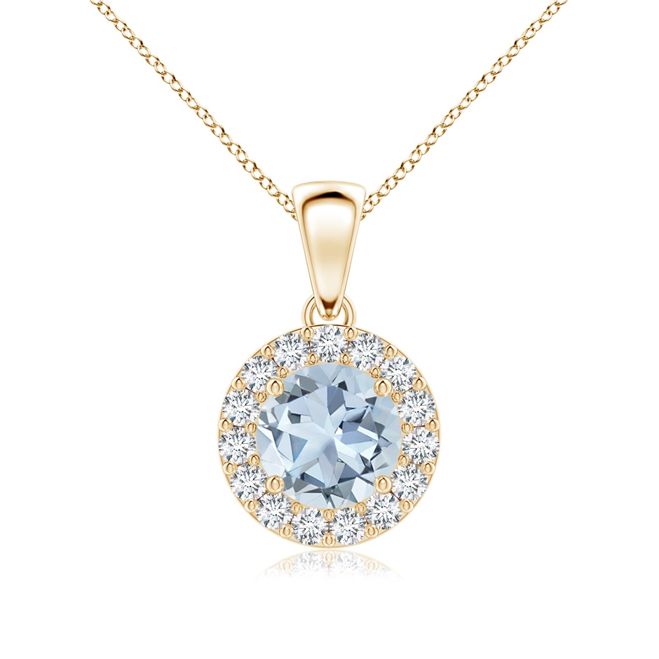 6mm A Round Aquamarine and Diamond Halo Pendant in Yellow Gold 