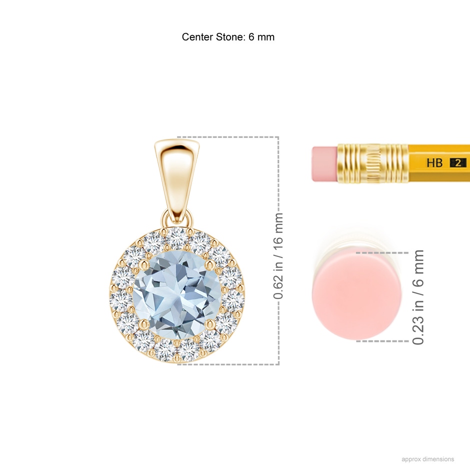 6mm A Round Aquamarine and Diamond Halo Pendant in Yellow Gold ruler