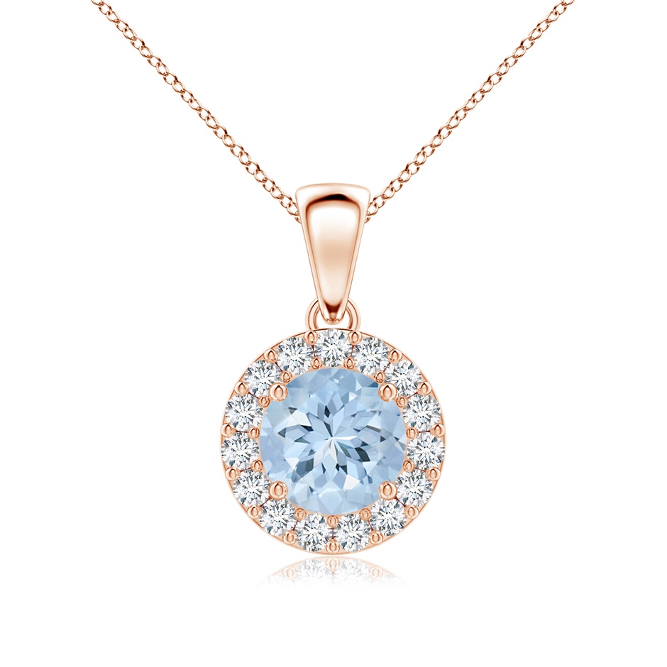 6mm AA Round Aquamarine and Diamond Halo Pendant in Rose Gold 