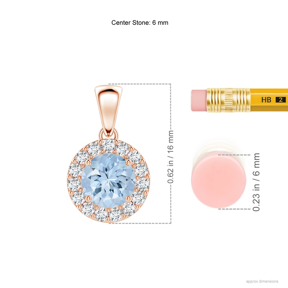 6mm AA Round Aquamarine and Diamond Halo Pendant in Rose Gold ruler