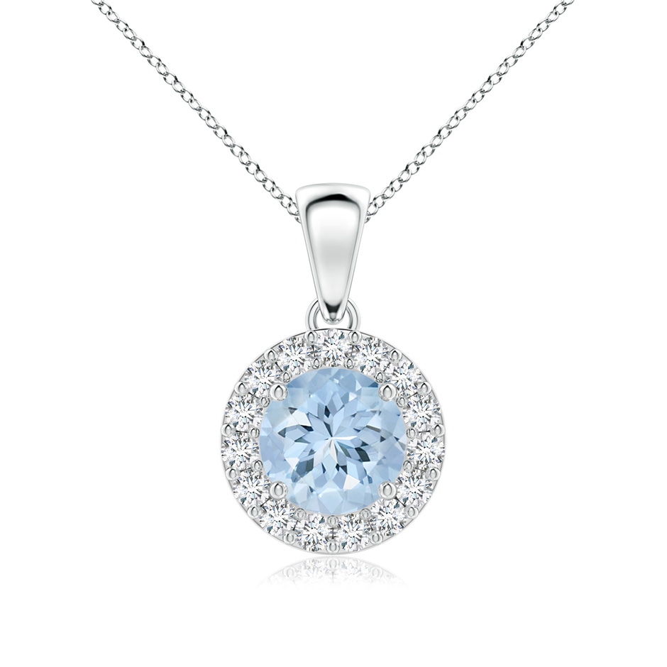6mm AA Round Aquamarine and Diamond Halo Pendant in White Gold 