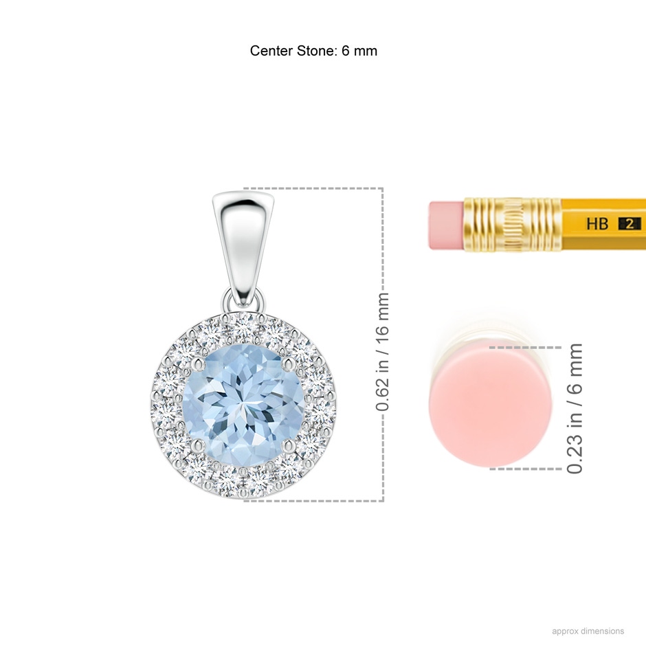 6mm AA Round Aquamarine and Diamond Halo Pendant in White Gold ruler