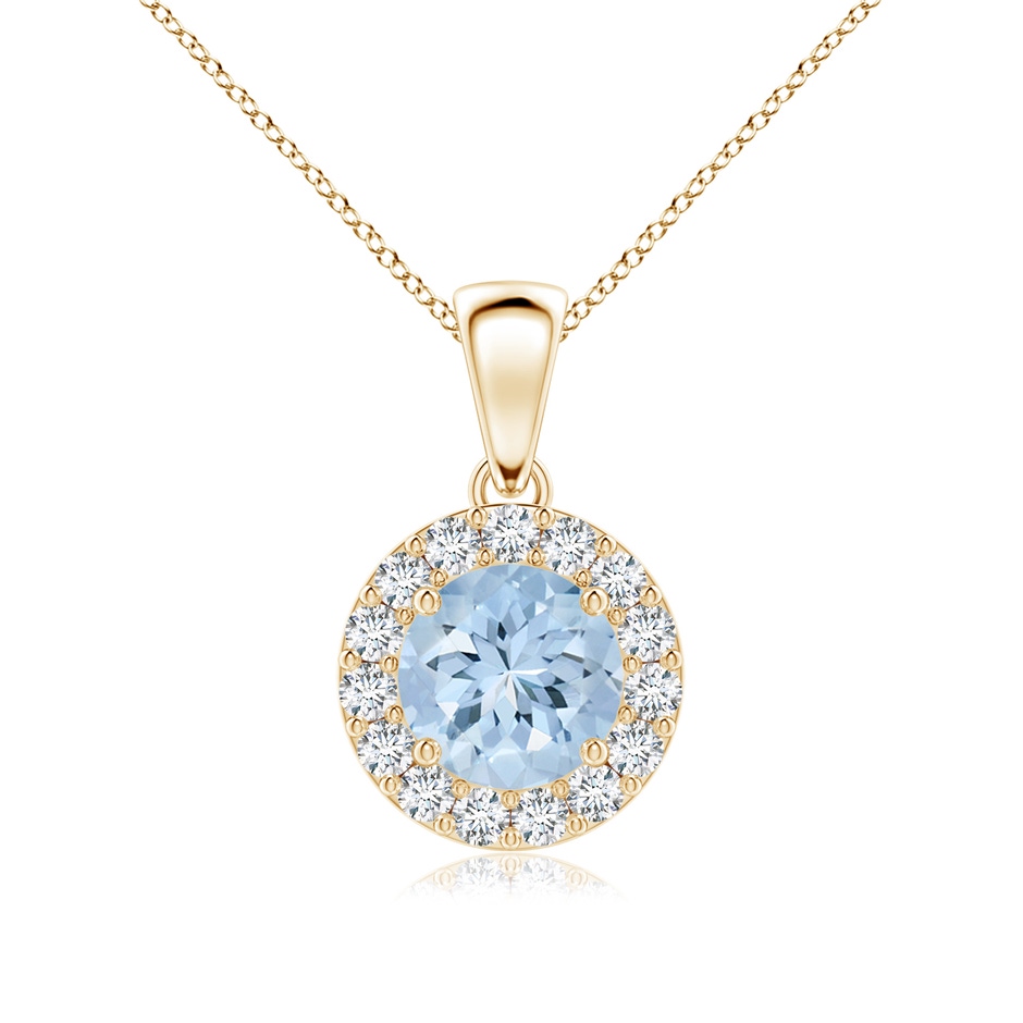 6mm AA Round Aquamarine and Diamond Halo Pendant in Yellow Gold 