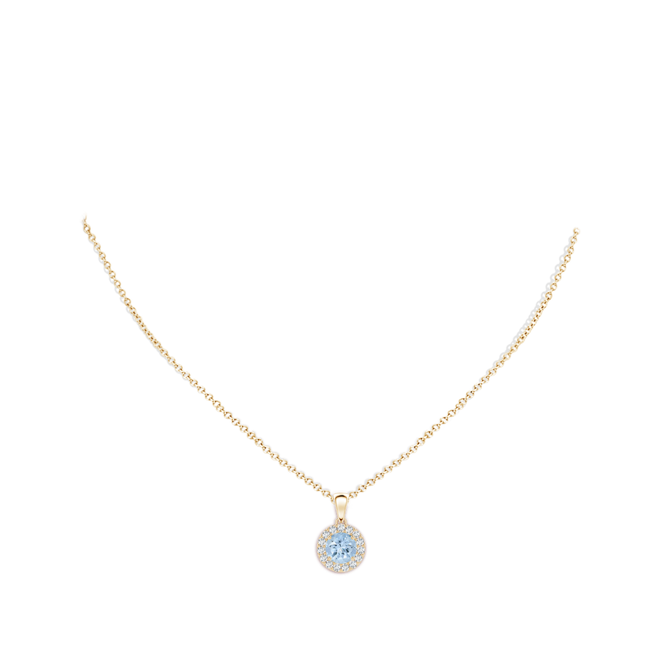 6mm AA Round Aquamarine and Diamond Halo Pendant in Yellow Gold body-neck