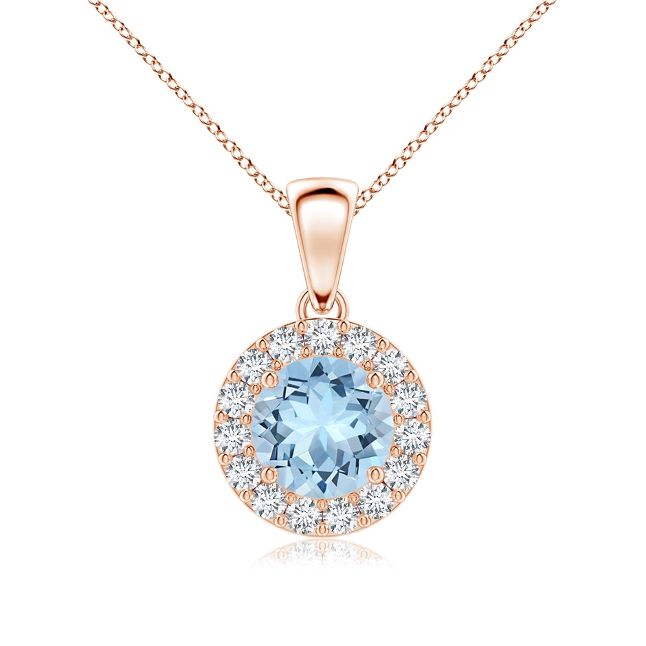 6mm AAA Round Aquamarine and Diamond Halo Pendant in Rose Gold 