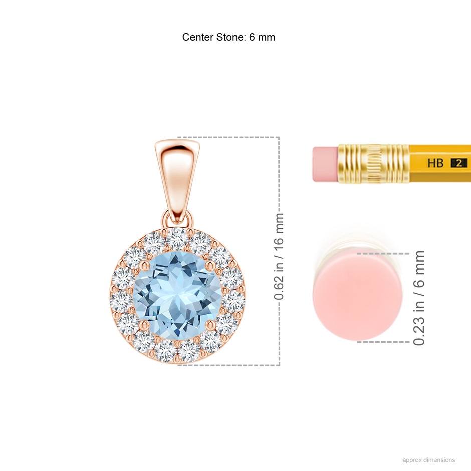6mm AAA Round Aquamarine and Diamond Halo Pendant in Rose Gold ruler