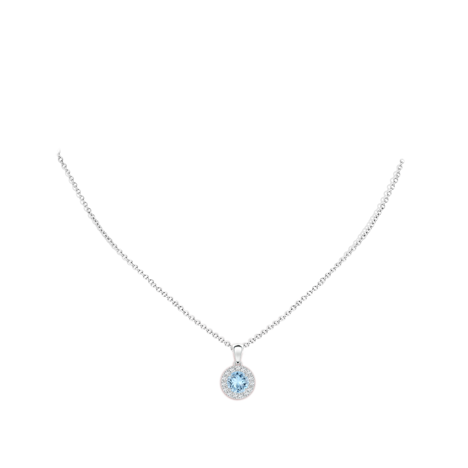 6mm AAA Round Aquamarine and Diamond Halo Pendant in White Gold body-neck