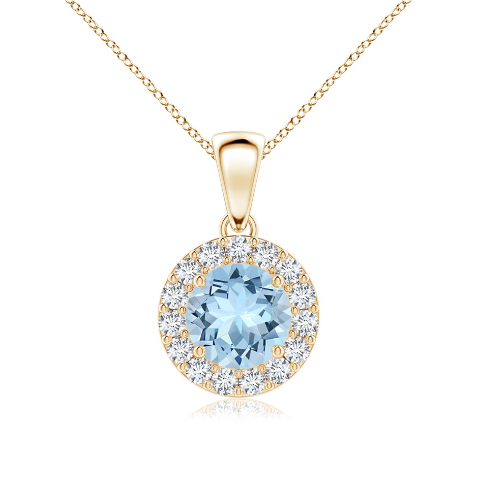 6mm AAA Round Aquamarine and Diamond Halo Pendant in Yellow Gold 
