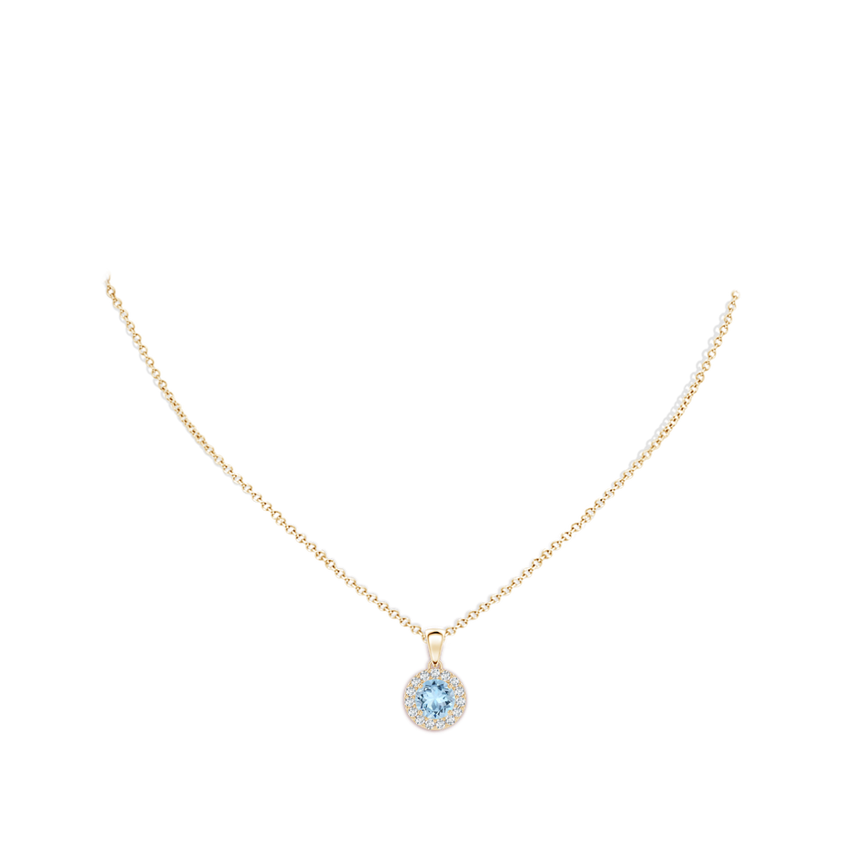 6mm AAA Round Aquamarine and Diamond Halo Pendant in Yellow Gold body-neck