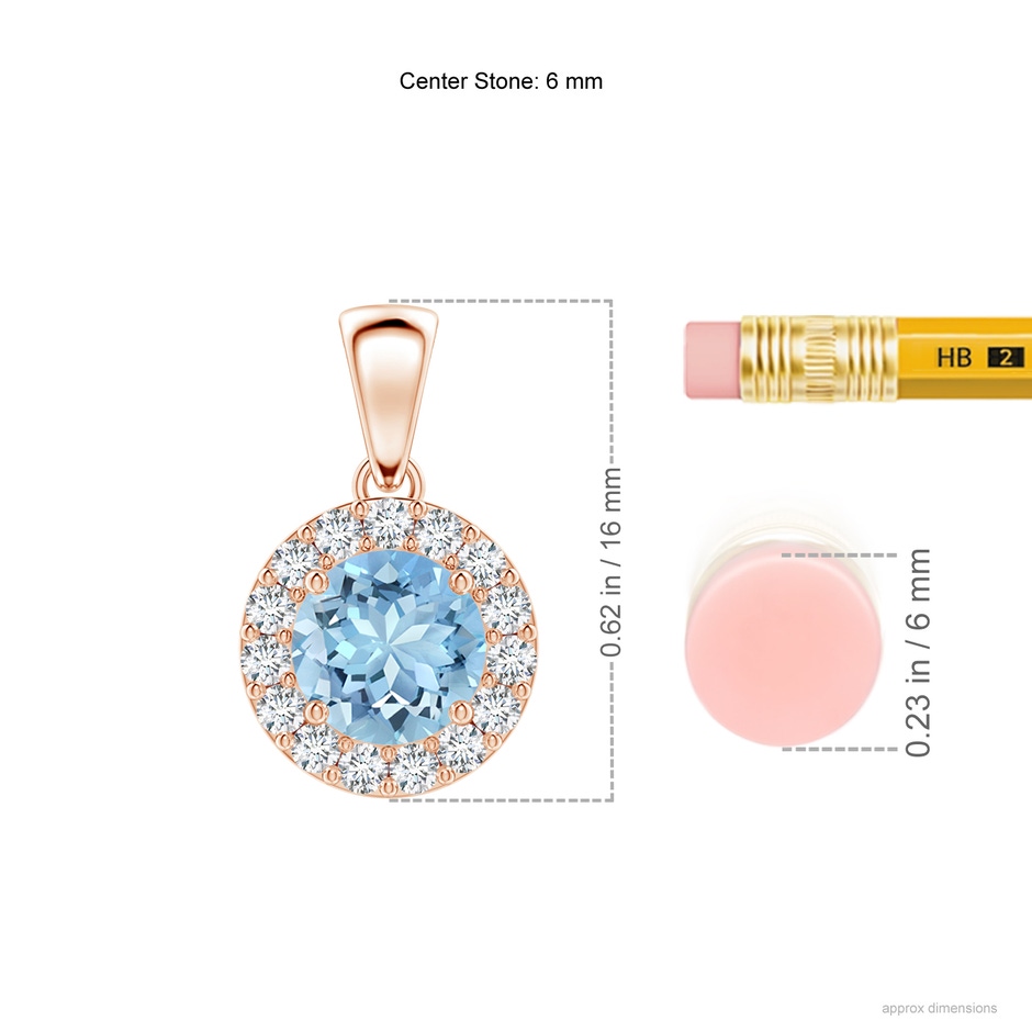 6mm AAAA Round Aquamarine and Diamond Halo Pendant in Rose Gold ruler