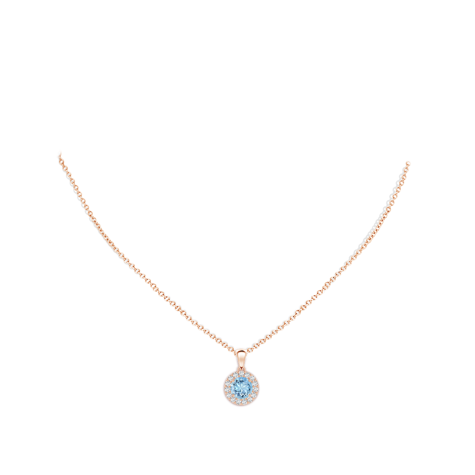 6mm AAAA Round Aquamarine and Diamond Halo Pendant in Rose Gold body-neck