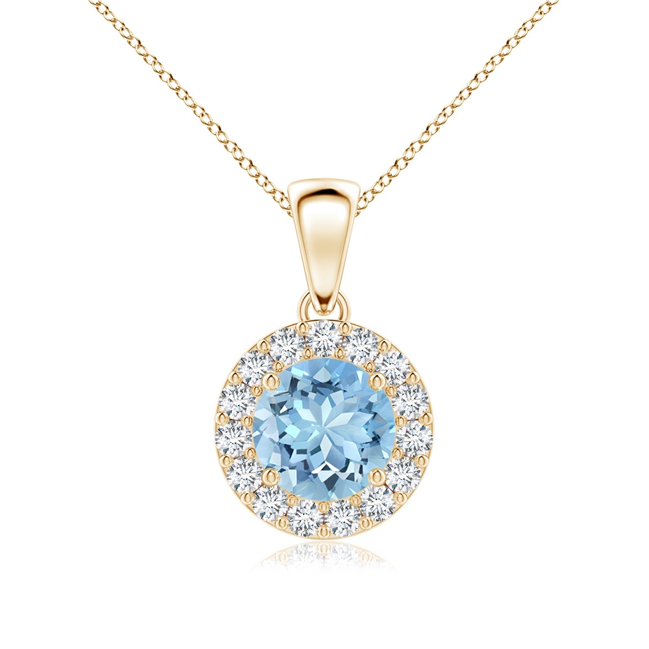 6mm AAAA Round Aquamarine and Diamond Halo Pendant in Yellow Gold 