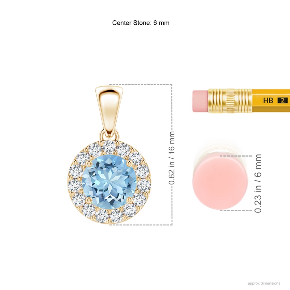 6mm AAAA Round Aquamarine and Diamond Halo Pendant in Yellow Gold ruler