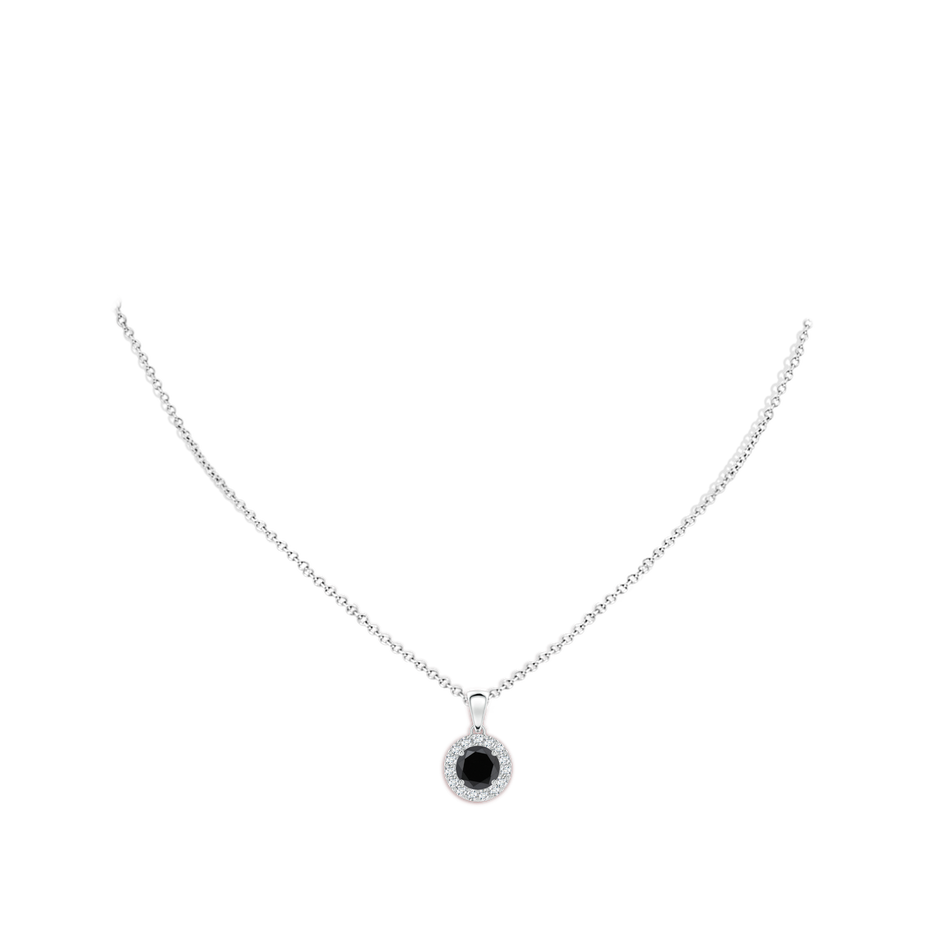 6mm AA Round Black and White Diamond Halo Pendant in White Gold body-neck