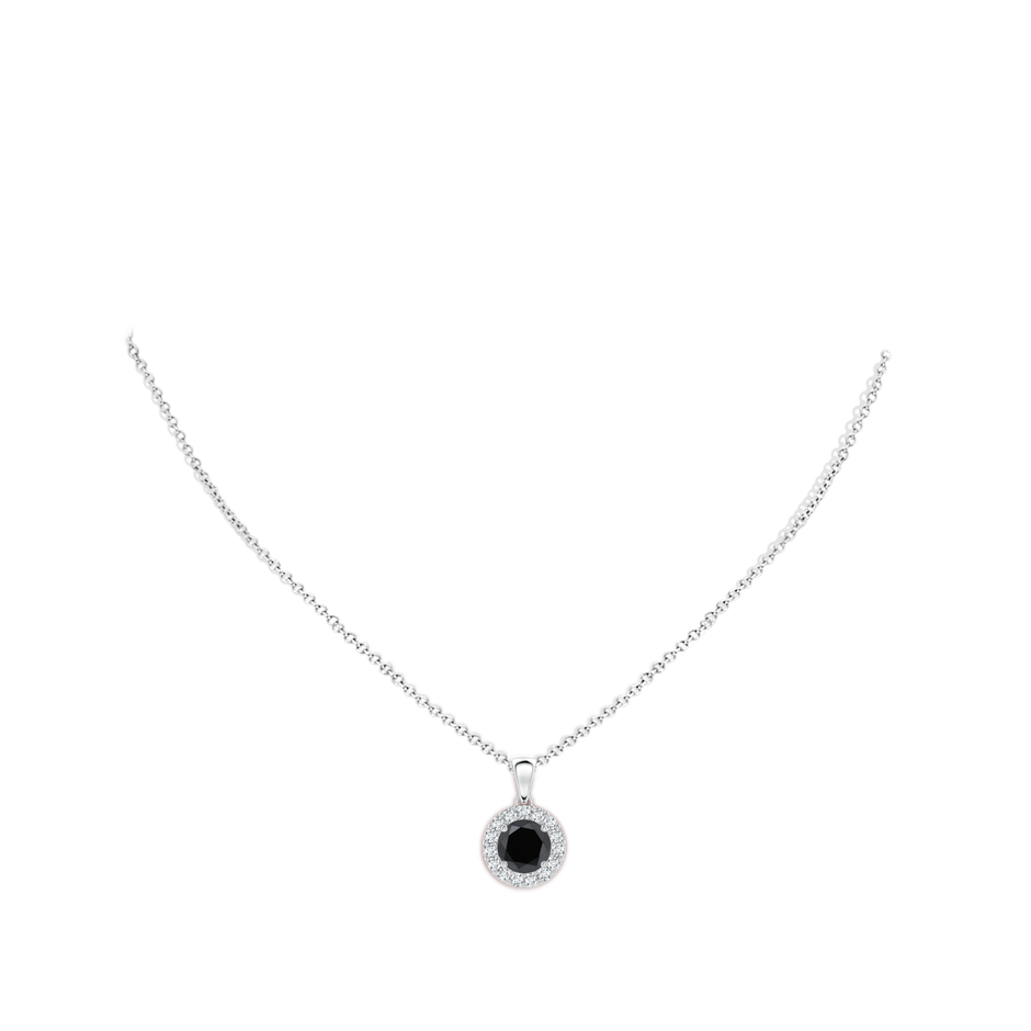 7.5mm AA Round Black and White Diamond Halo Pendant in P950 Platinum body-neck