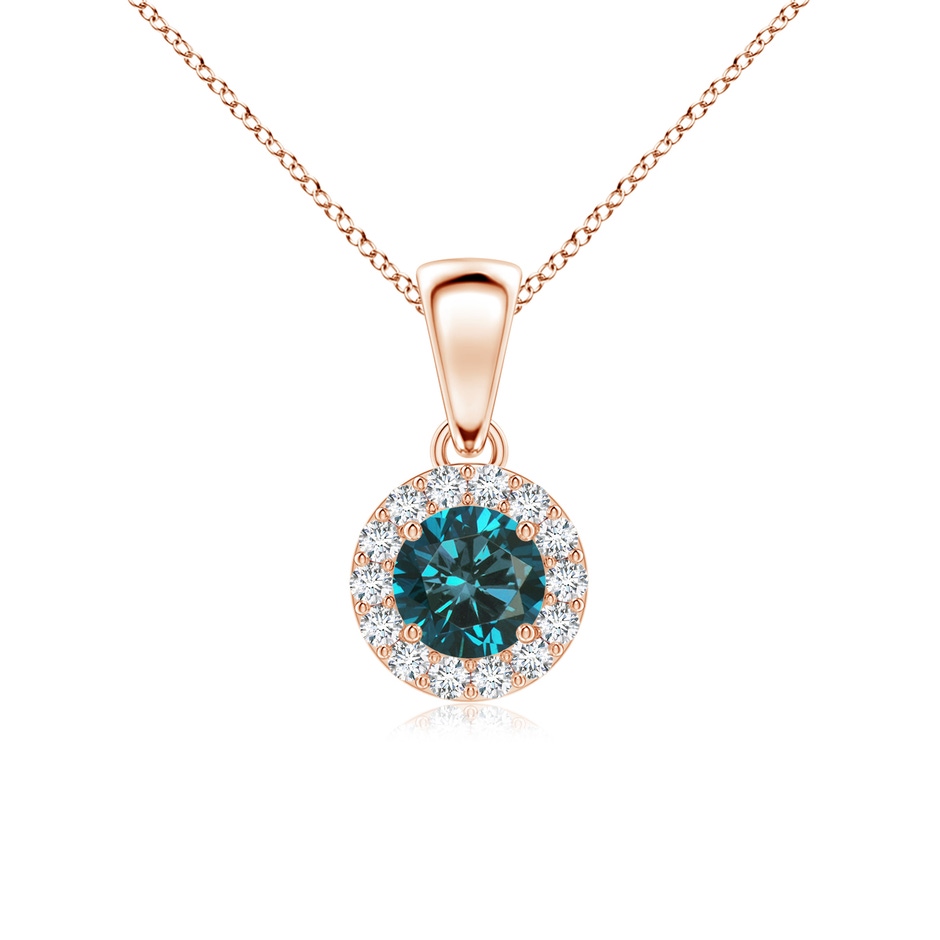 4.5mm AA Round Blue and White Diamond Halo Pendant in Rose Gold 