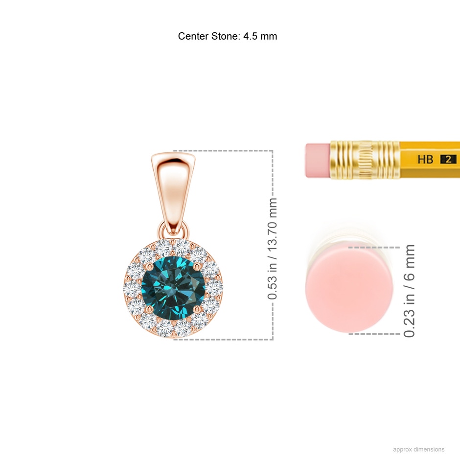 4.5mm AA Round Blue and White Diamond Halo Pendant in Rose Gold ruler