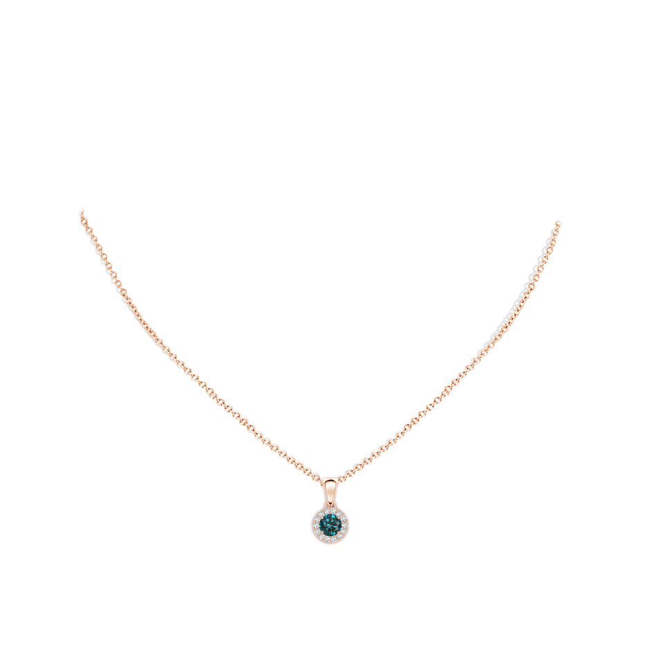 4.5mm AA Round Blue and White Diamond Halo Pendant in Rose Gold body-neck
