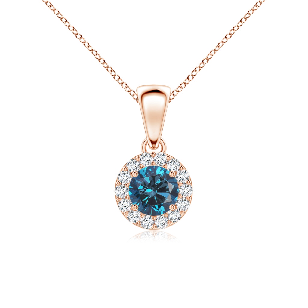 4.5mm AAA Round Blue and White Diamond Halo Pendant in Rose Gold