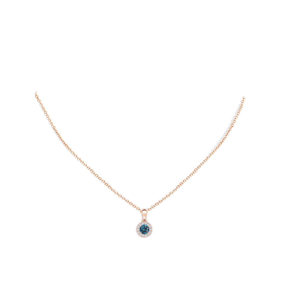 4.5mm AAA Round Blue and White Diamond Halo Pendant in Rose Gold body-neck