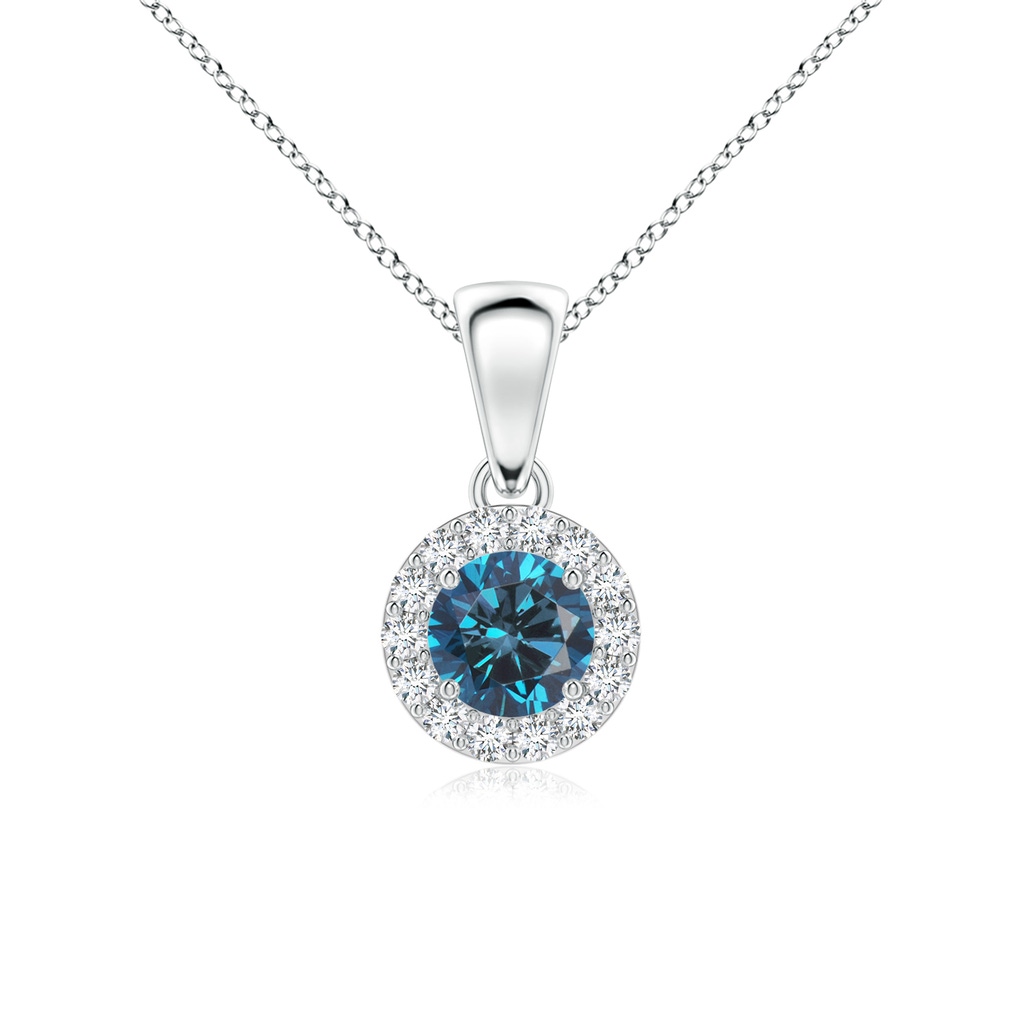 4.5mm AAA Round Blue and White Diamond Halo Pendant in White Gold