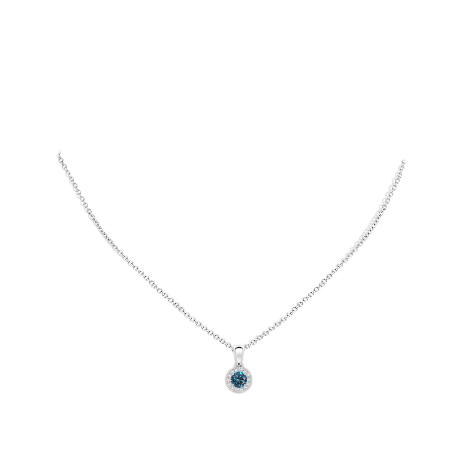 4.5mm AAA Round Blue and White Diamond Halo Pendant in White Gold body-neck