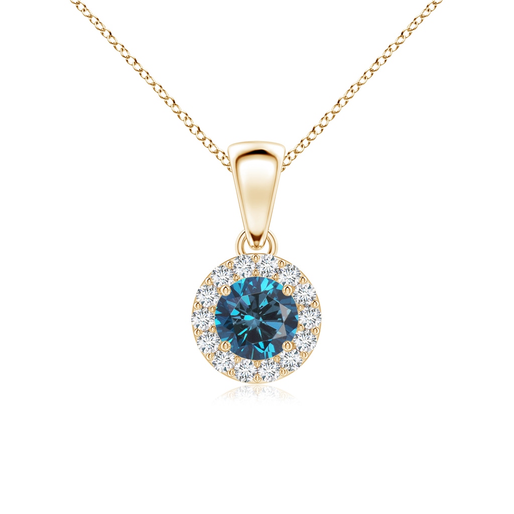 4.5mm AAA Round Blue and White Diamond Halo Pendant in Yellow Gold