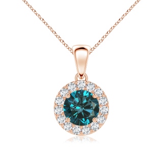 6mm AA Round Blue and White Diamond Halo Pendant in 10K Rose Gold