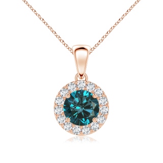 6mm AA Round Blue and White Diamond Halo Pendant in Rose Gold