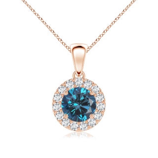 6mm AAA Round Blue and White Diamond Halo Pendant in Rose Gold