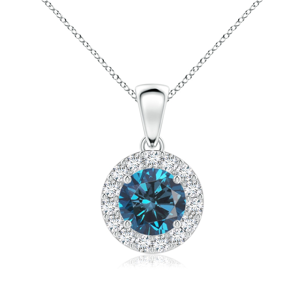 6mm AAA Round Blue and White Diamond Halo Pendant in White Gold