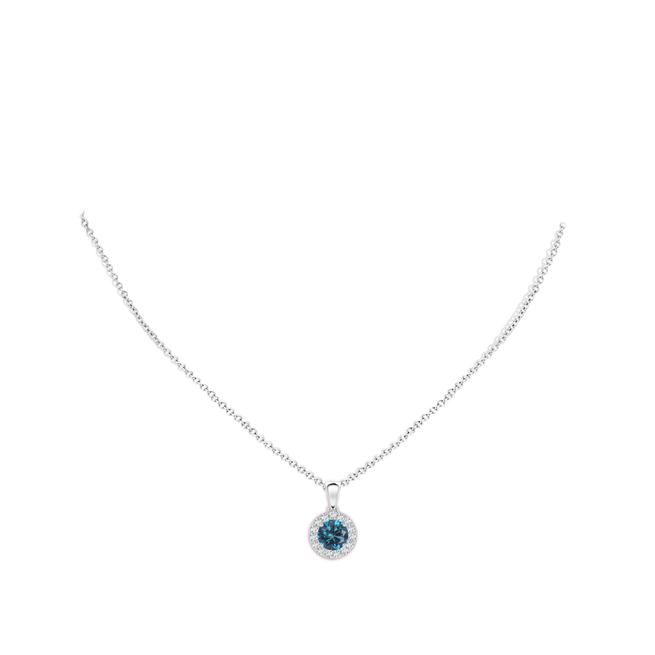 6mm AAA Round Blue and White Diamond Halo Pendant in White Gold body-neck