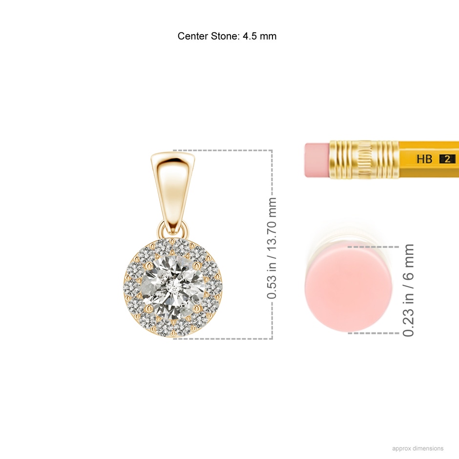 4.5mm KI3 Round Diamond Halo Pendant in Yellow Gold ruler
