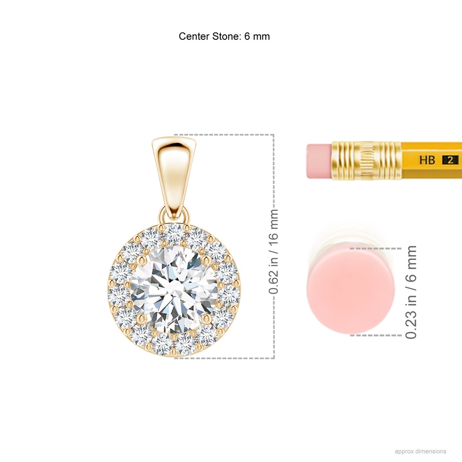 6mm GVS2 Round Diamond Halo Pendant in Yellow Gold ruler