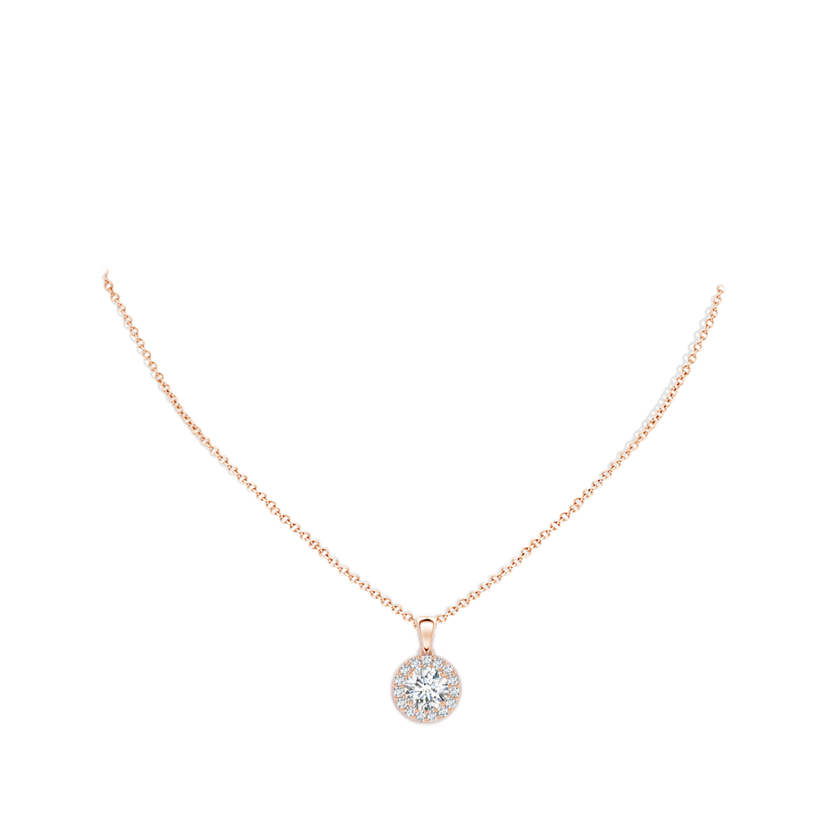 7.5mm GVS2 Round Diamond Halo Pendant in Rose Gold body-neck