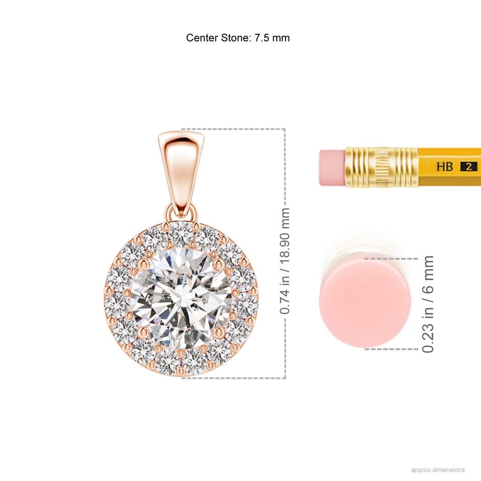 7.5mm IJI1I2 Round Diamond Halo Pendant in Rose Gold ruler