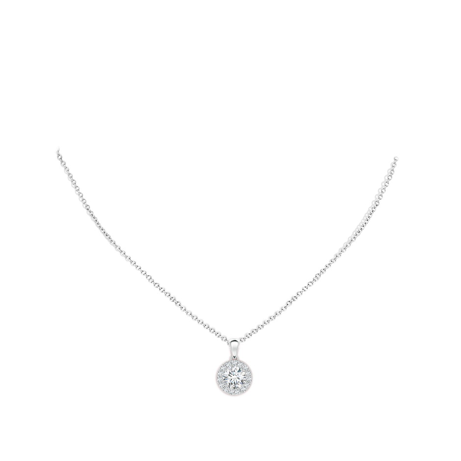 7mm GVS2 Round Diamond Halo Pendant in White Gold body-neck