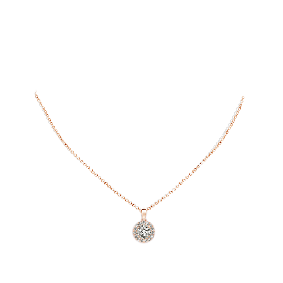 7mm KI3 Round Diamond Halo Pendant in Rose Gold body-neck